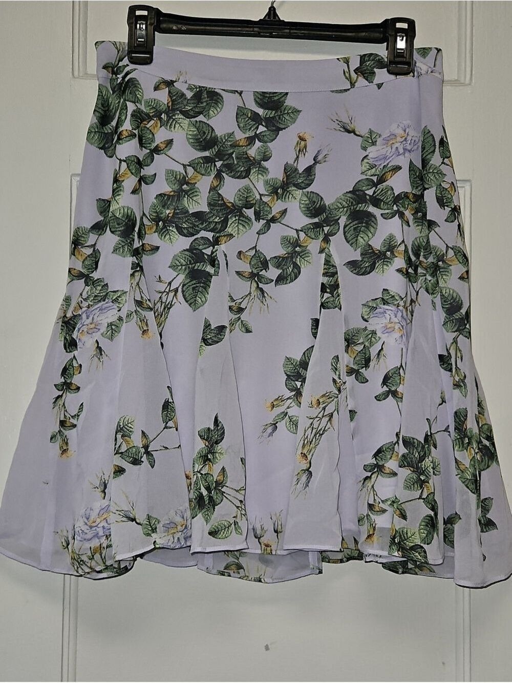 White House Black Market Lavender Floral Circle Skirt with Green Leaf Print